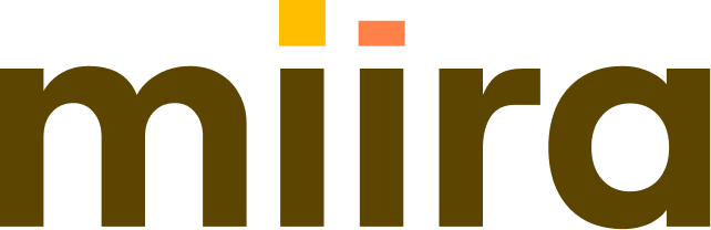 Miira-logo med brun tekst og gul/orange firkanter